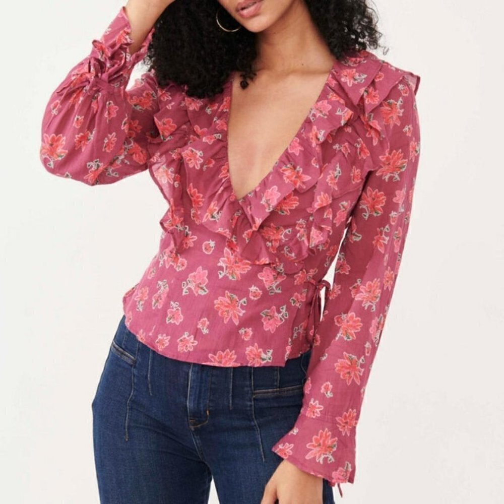Free People Amanda floral true wrap blouse top shirt ruffle cotton wine new XS